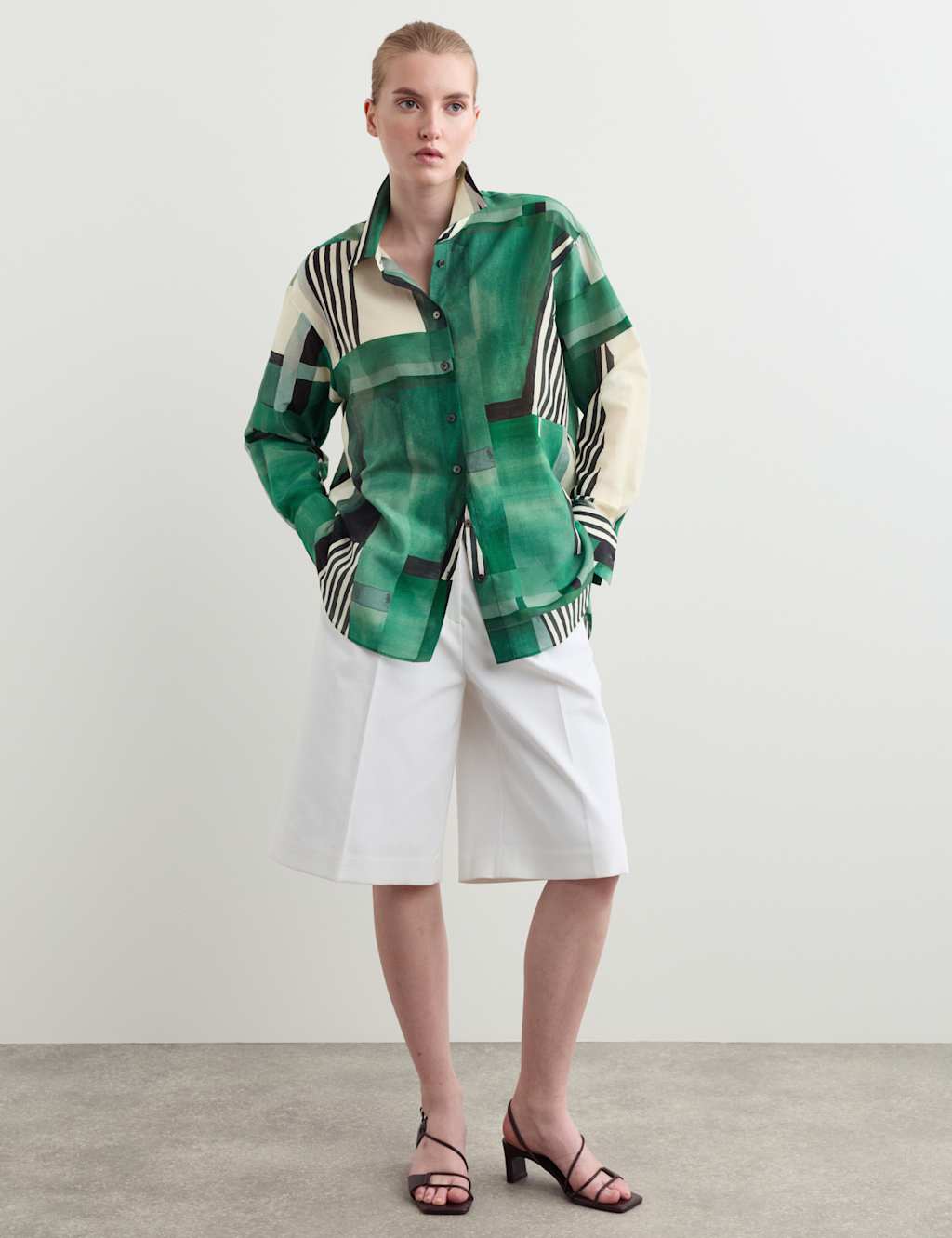 Jaeger Women's Cotton Silk Blend Geometric Shirt - 12 - Green Mix - By M&S