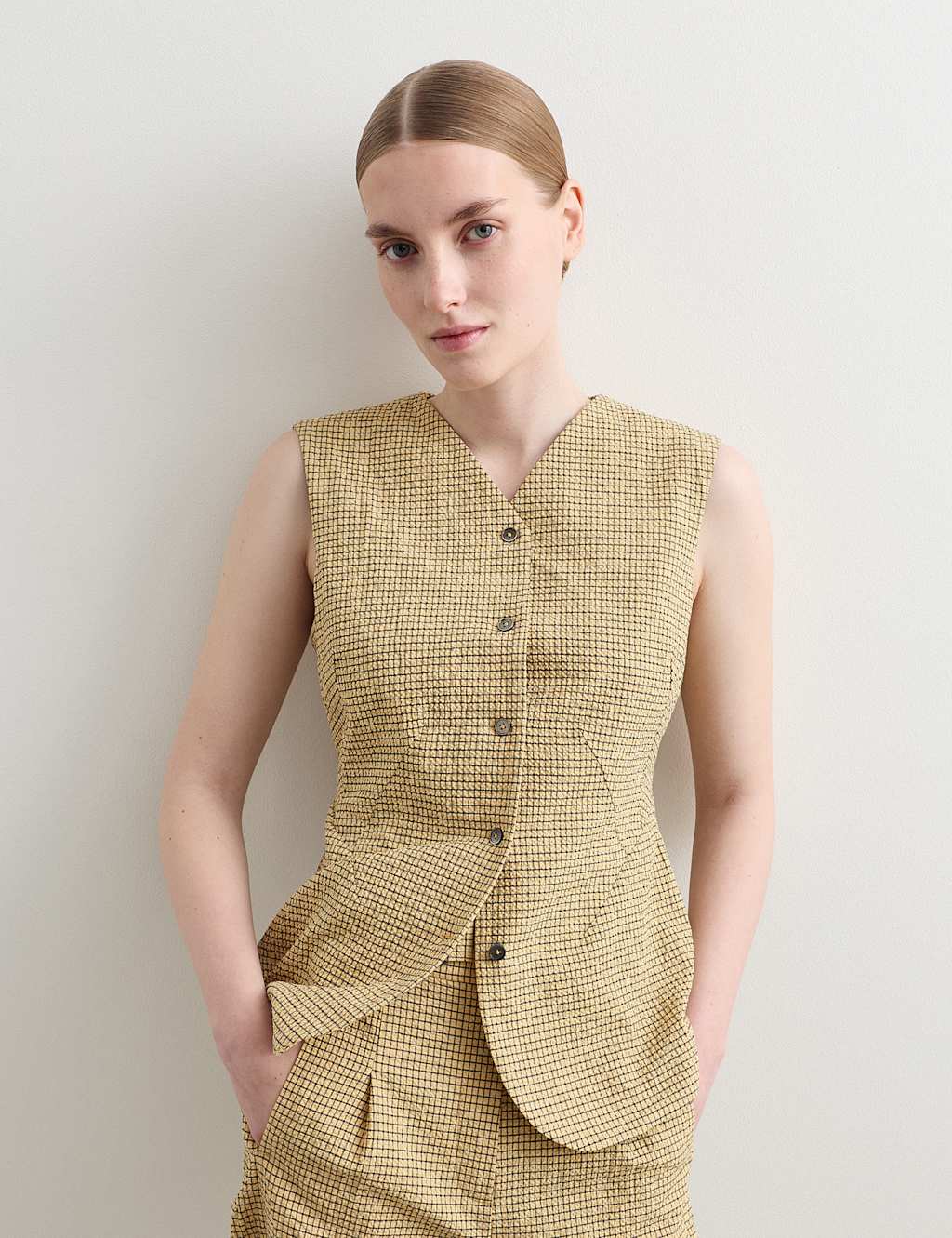 Jaeger Women's Cotton Rich Checked Seersucker Waistcoat - 6 - Yellow Mix - By M&S