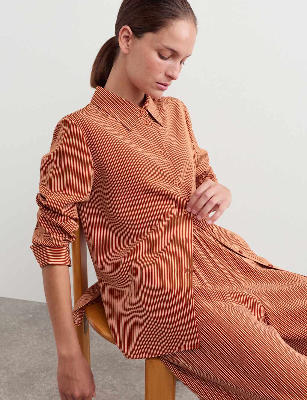 Jaeger Women's Pure Silk Striped Shirt - 16 - Copper - By M&S