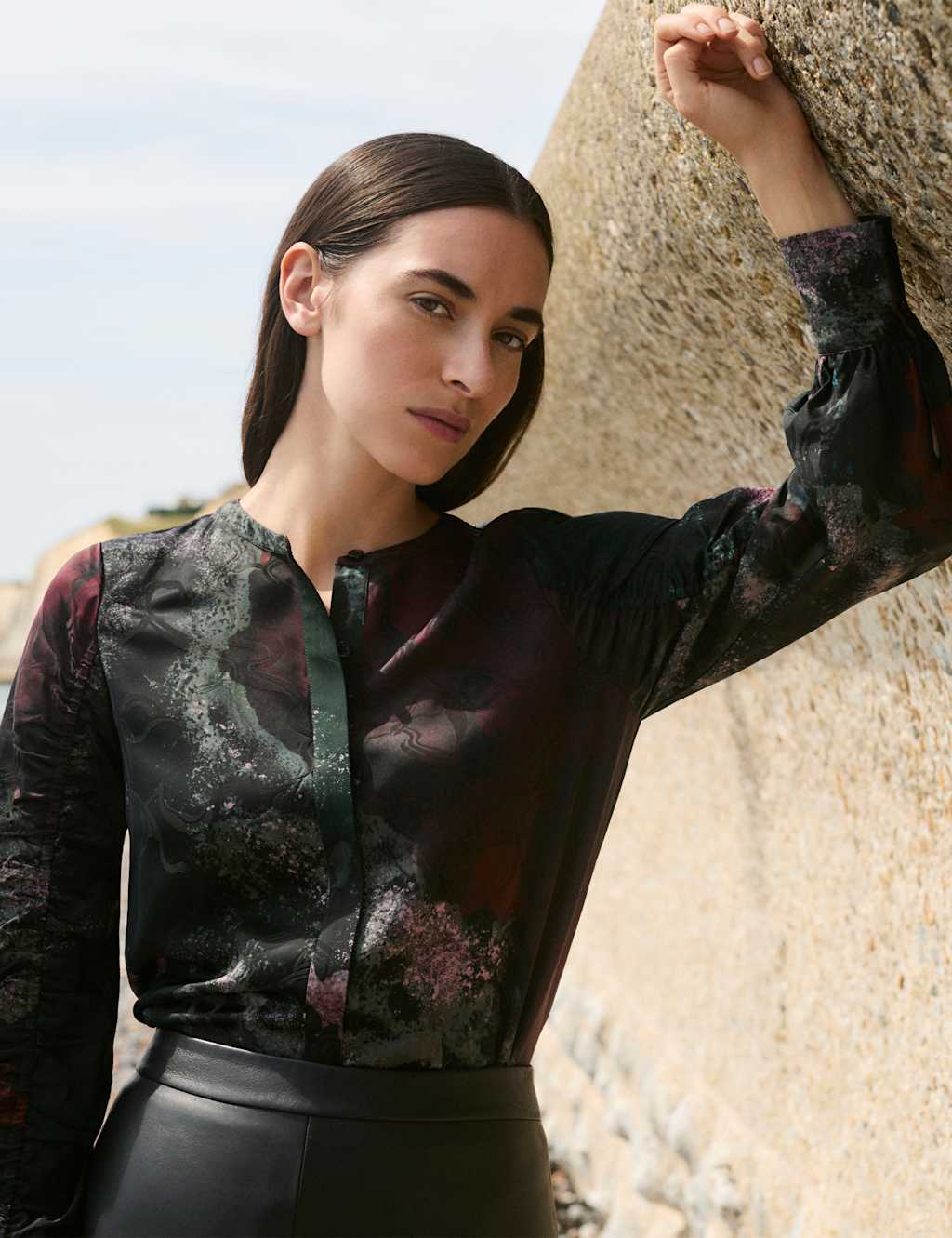 JAEGER Printed Ruched Sleeve Blouse Multi