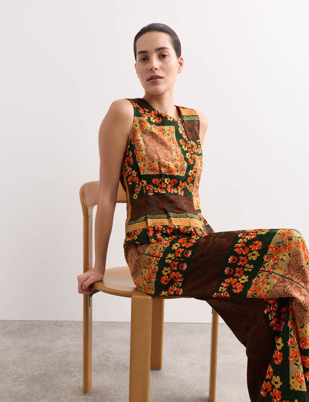 JAEGER Scarf Print Asymmetric Neck Top Orange Mix