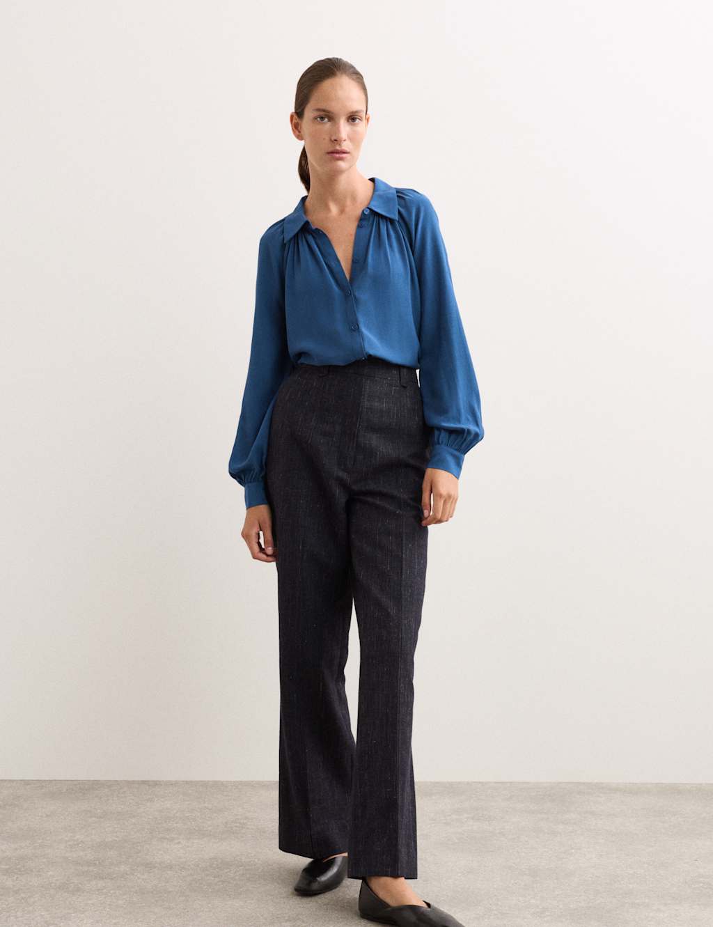 JAEGER Collared Gathered Button Through Top Royal Blue