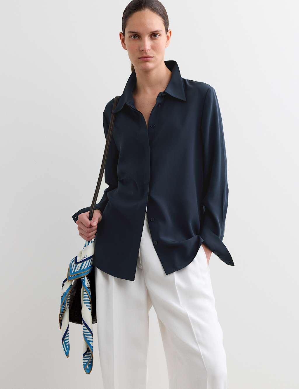 Jaeger Women's Pure Silk Shirt - 12 - Navy - By M&S