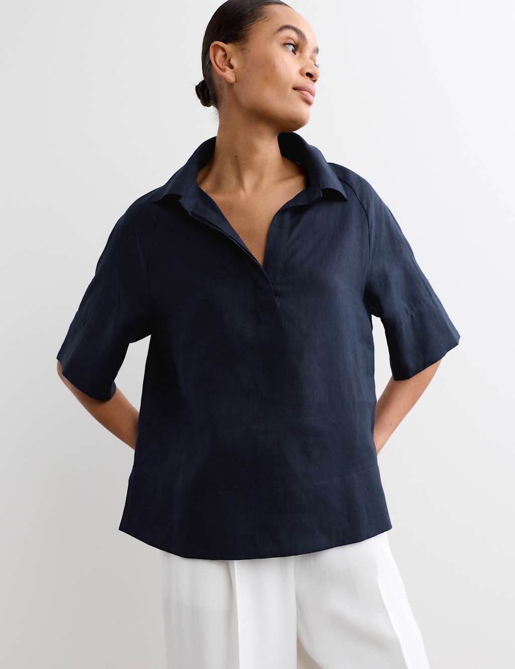 Jaeger Women's Pure Linen Popover Blouse - 10 - Navy - By M&S