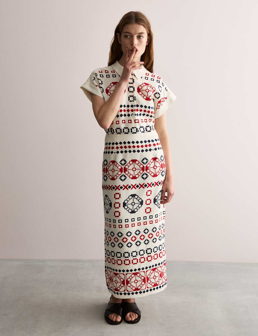 Pure Linen Printed Collared Cap Sleeve Top