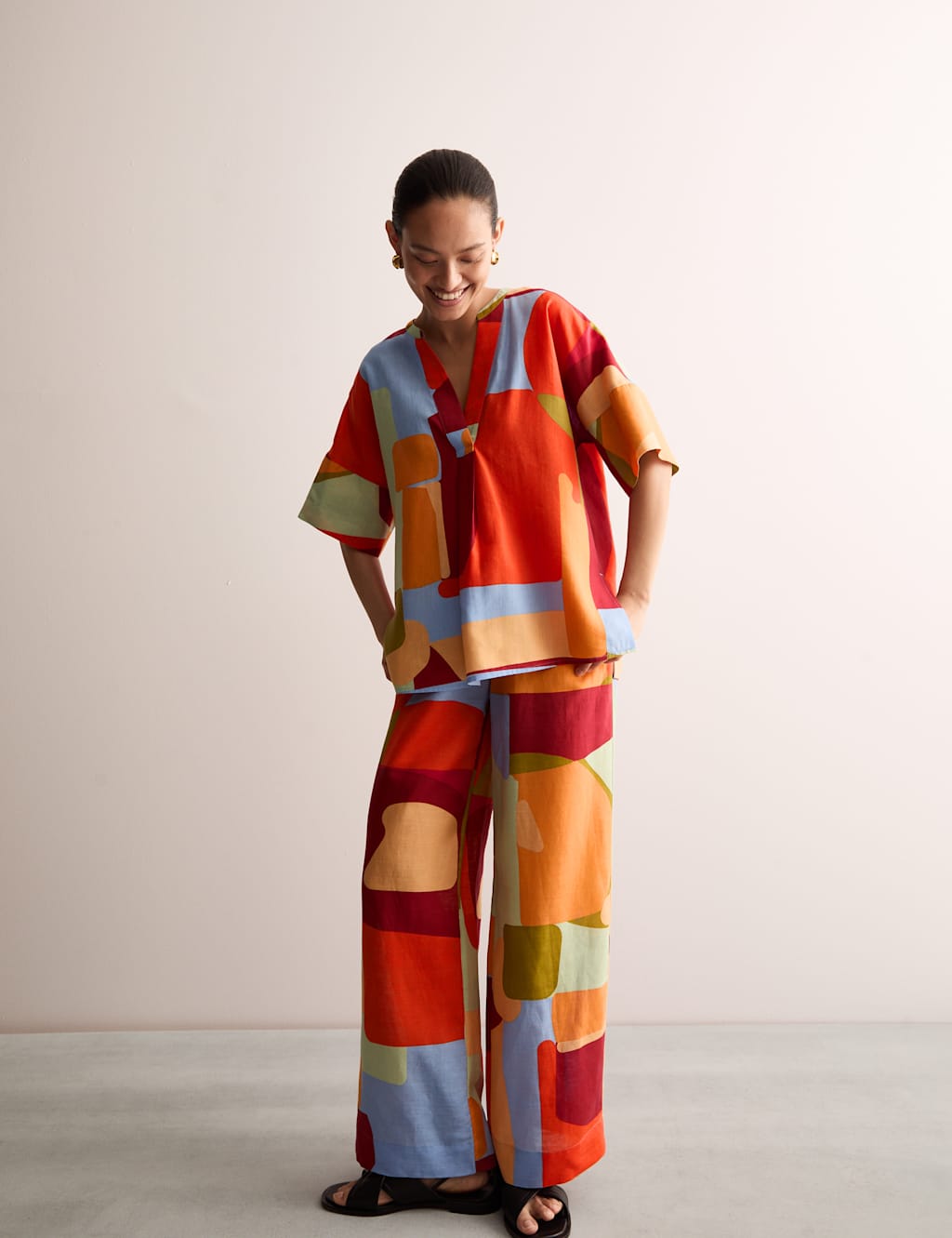 JAEGER Linen Rich Printed V-Neck Top Multi