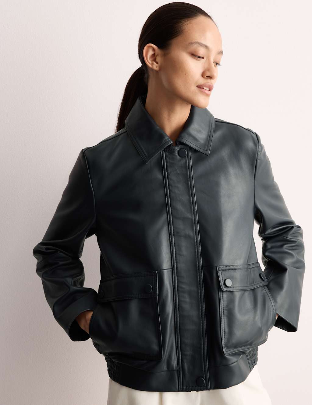 JAEGER Leather Bomber Jacket Dark Navy