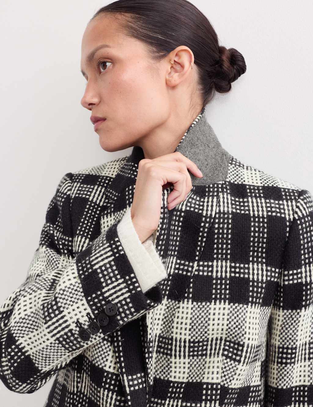 JAEGER Pure British Wool Checked Longline Blazer Black Mix