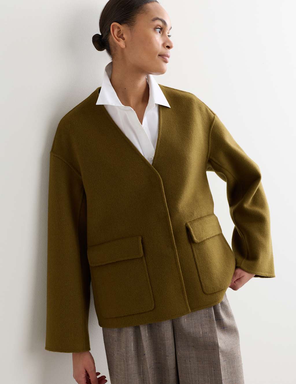 Jaeger Women's Pure Wool Double-Faced Short Jacket - 10 - Khaki - By M&S