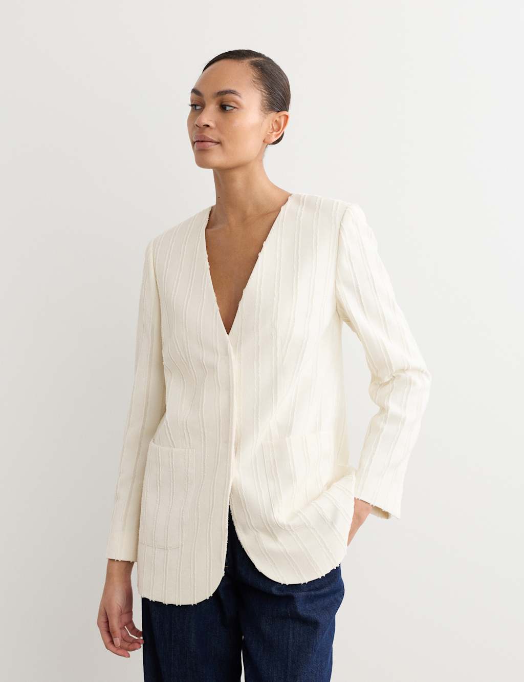 Jaeger Women's Jacquard Textured Relaxed Jacket - 8 - Ivory - By M&S
