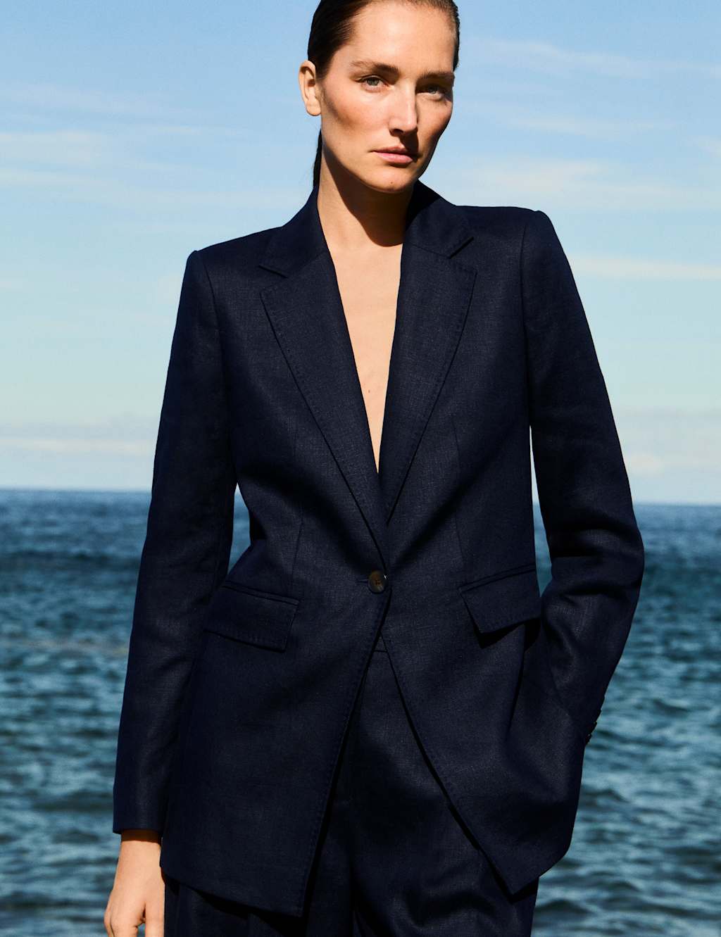 Jaeger Women's Pure Linen Longline Single Breasted Blazer - 14 - Navy - By M&S