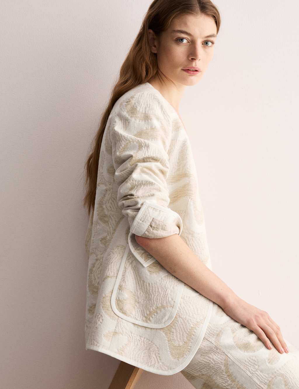 Cotton Rich Jacquard Collarless Jacket