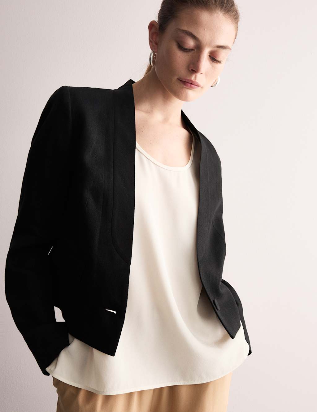 Pure Linen Collarless Cropped Jacket