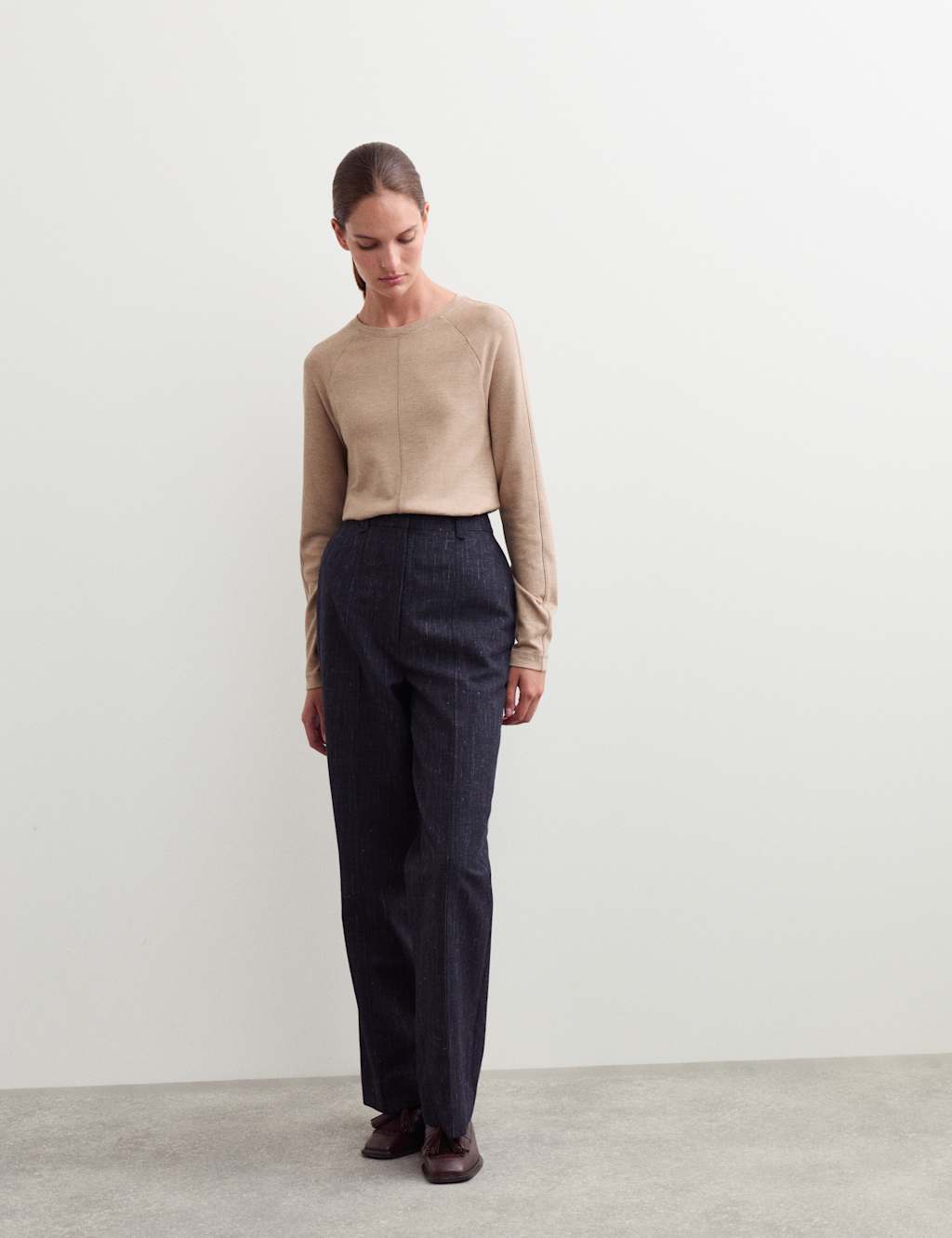 JAEGER Ribbed Seam Detail Long Sleeve Top Oatmeal