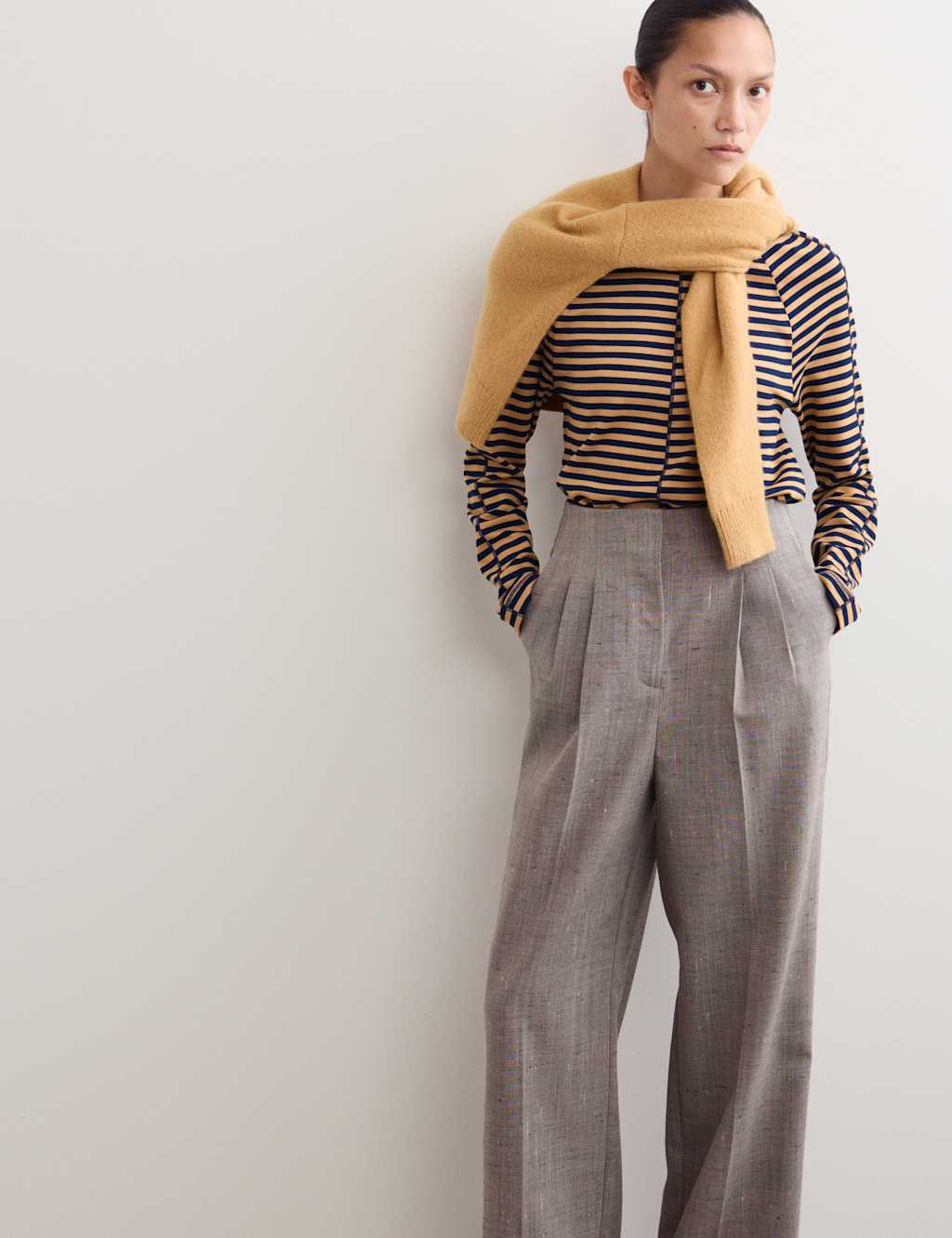 JAEGER Striped Ribbed Stitch Detail Top Dark Blue Mix