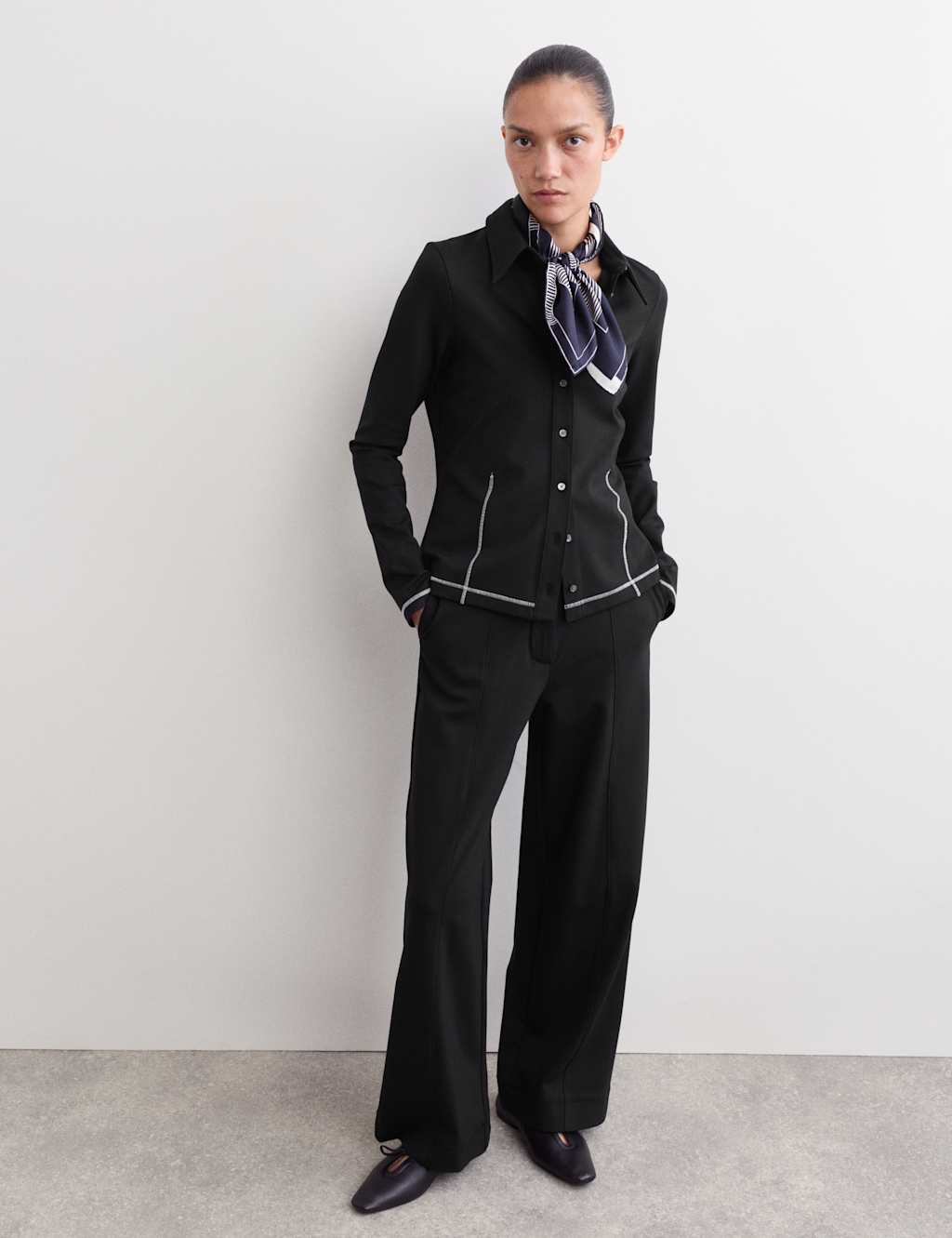 JAEGER Jersey Collared Stitch Detail Shirt Black