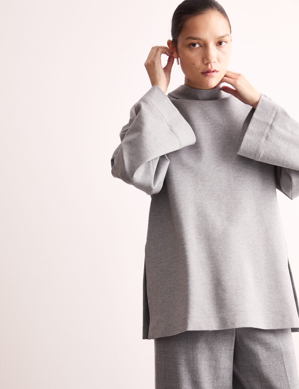 Jersey Funnel Neck Split Hem Relaxed Jumper