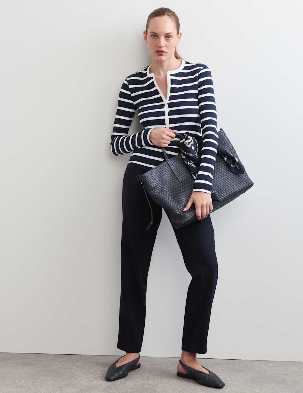 Jaeger Women's Pure Cotton Jersey Striped Henley Top - 10 - Ivory Mix - By M&S