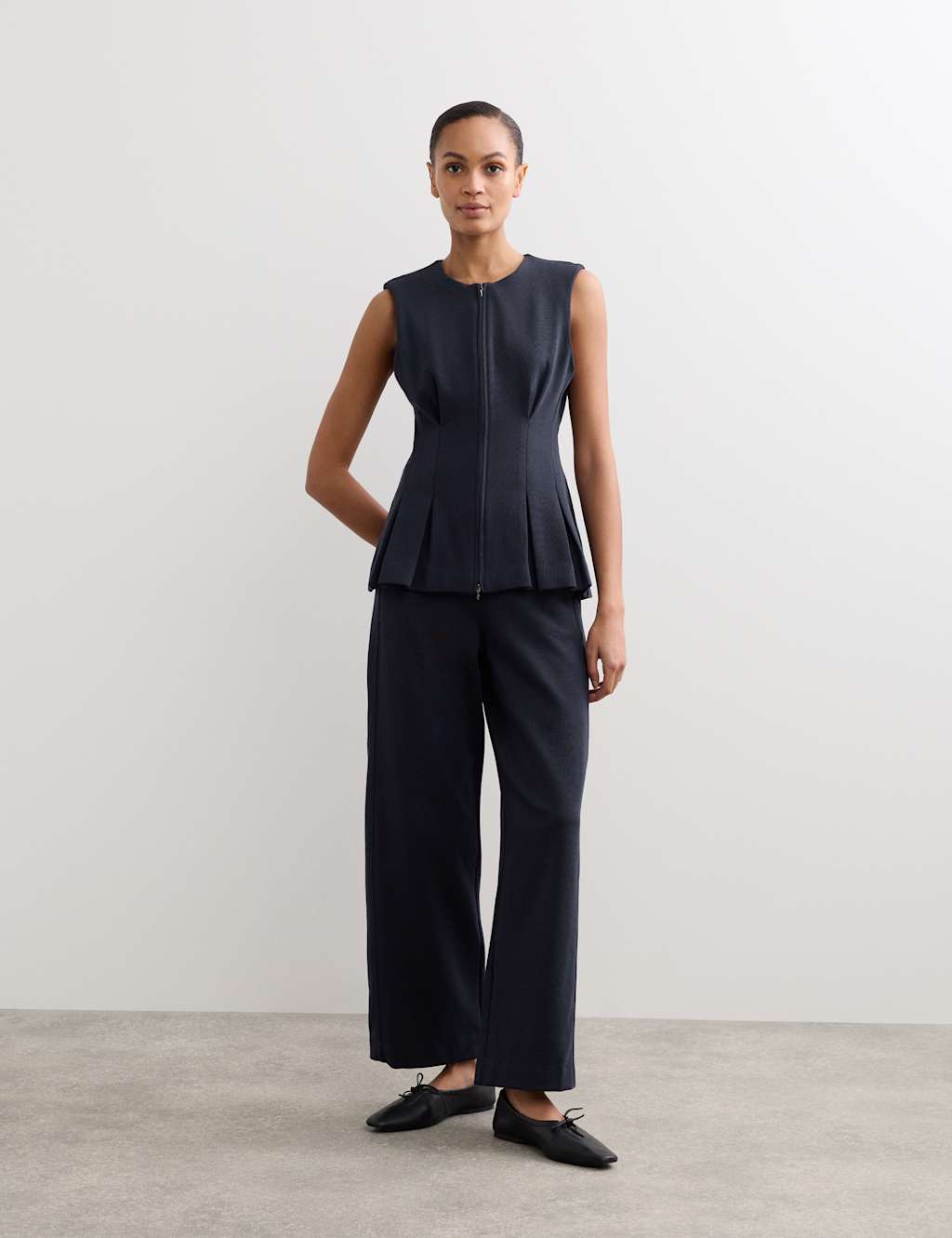 Jaeger Cotton Blend Zip Up Tank Top with Wool - 6 - Navy - By M&S