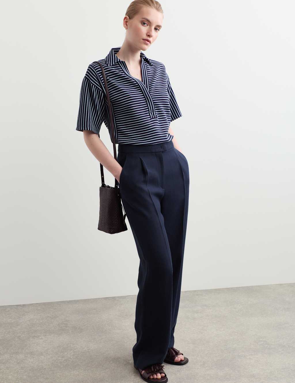 Jaeger Women's Textured Straight Leg Trousers - 6 - Navy - By M&S