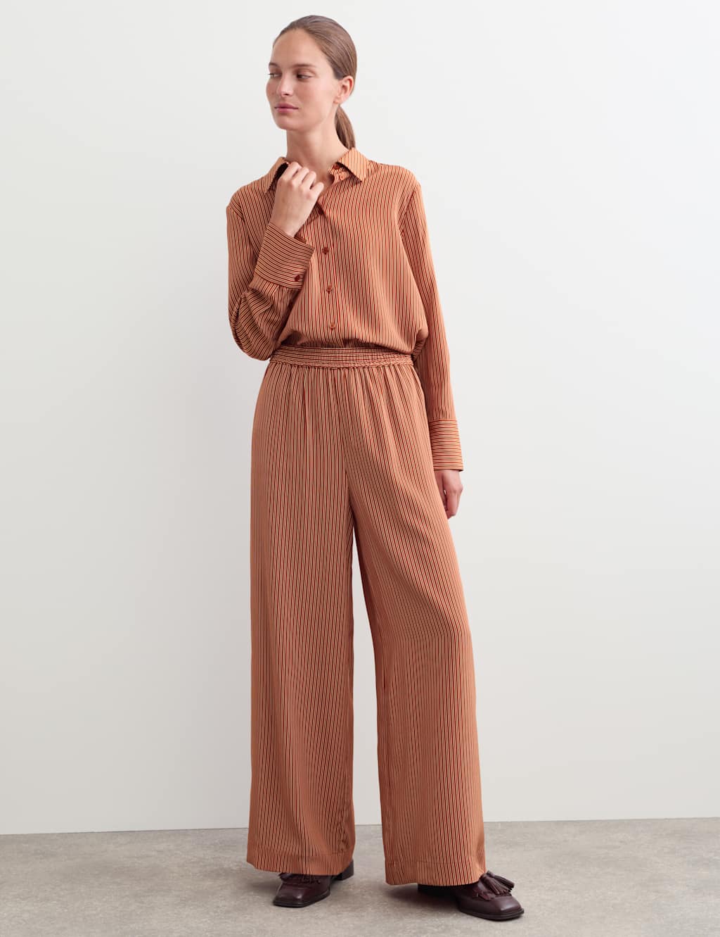 Jaeger Women's Pure Silk Striped Wide Leg Trousers - 6 - Copper - By M&S