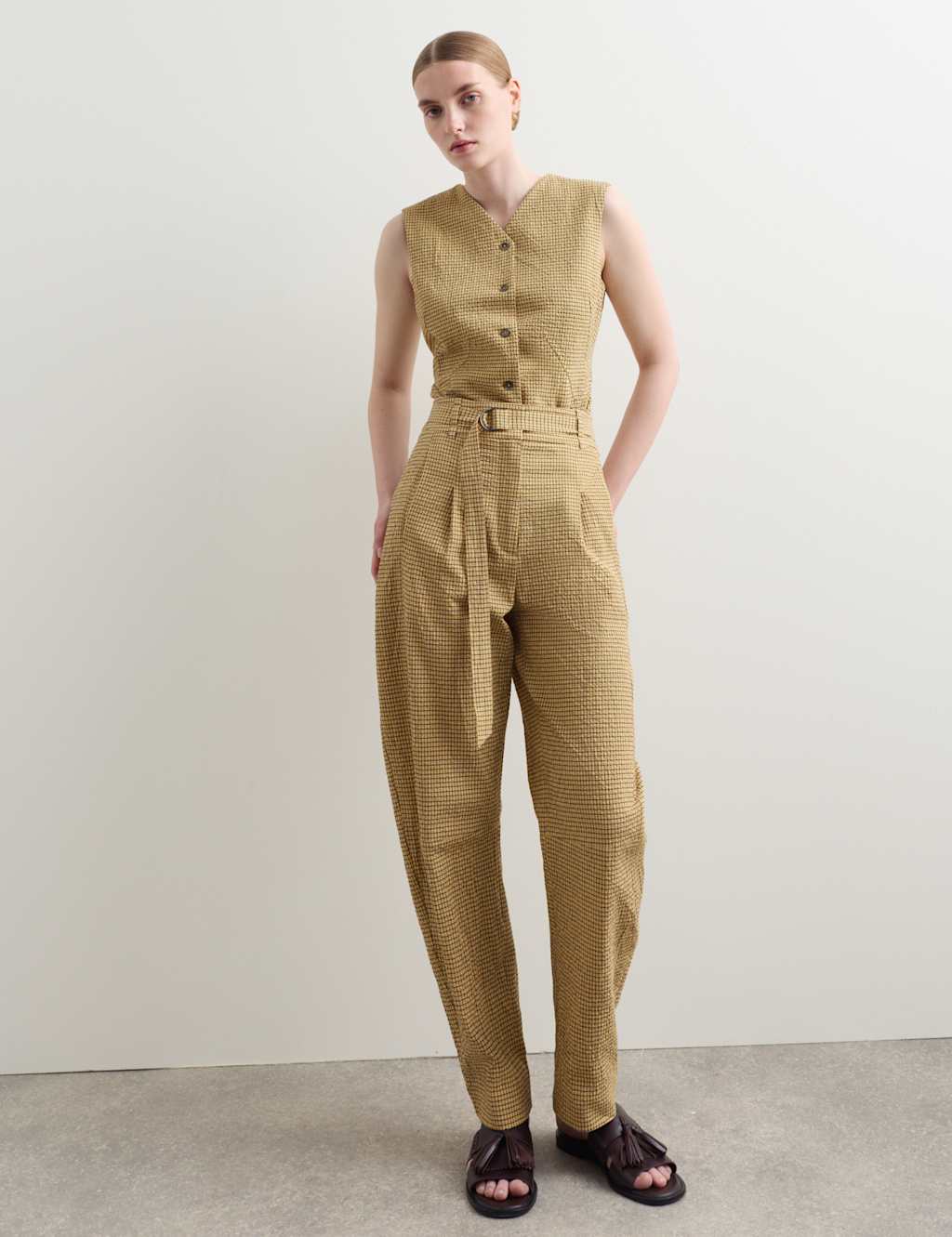 Jaeger Women's Cotton Rich Checked Barrel Leg Trousers - 10 - Yellow Mix - By M&S