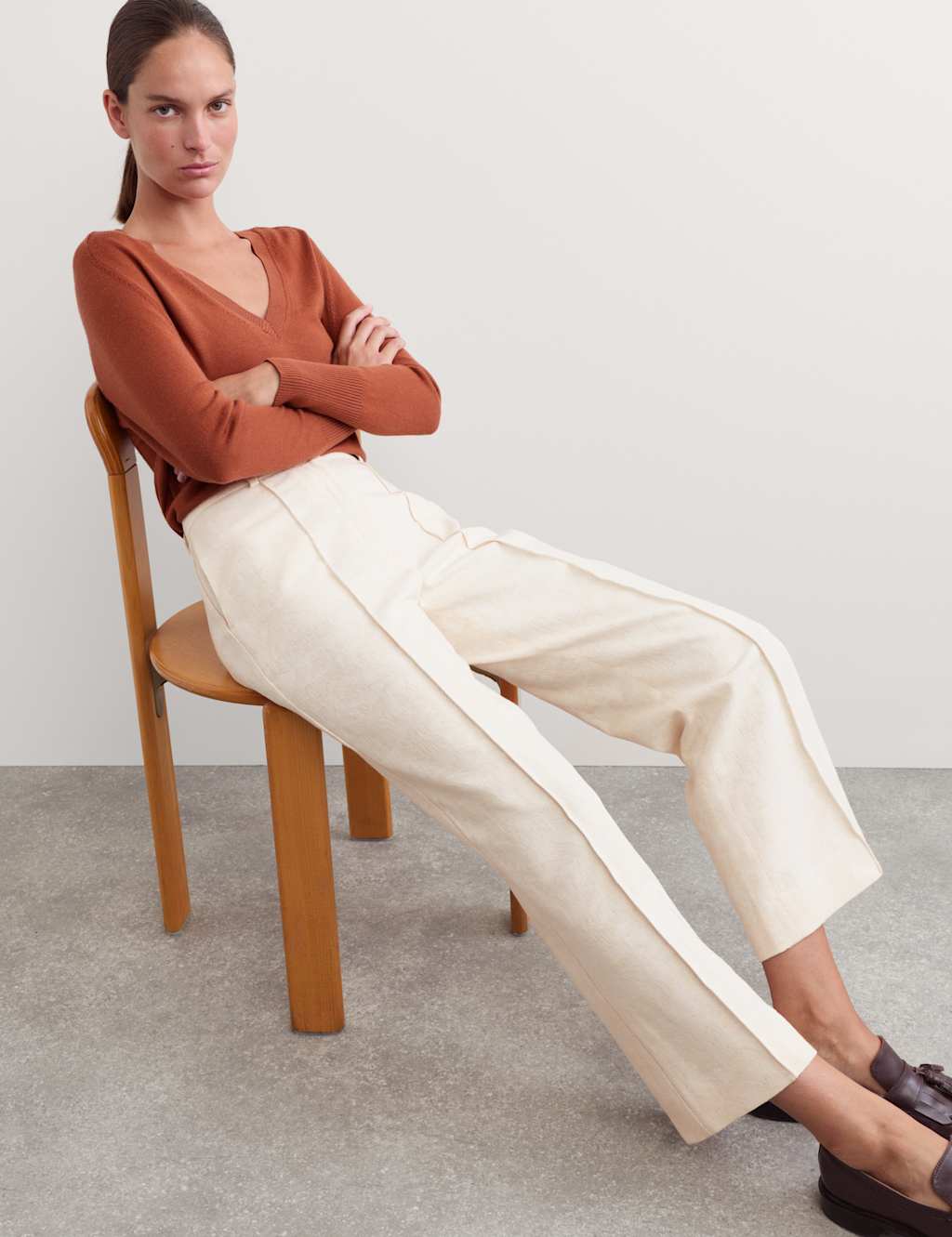 Jaeger Women's Cotton Linen Jacquard Ankle Grazer Trousers - 8 - Ivory - By M&S