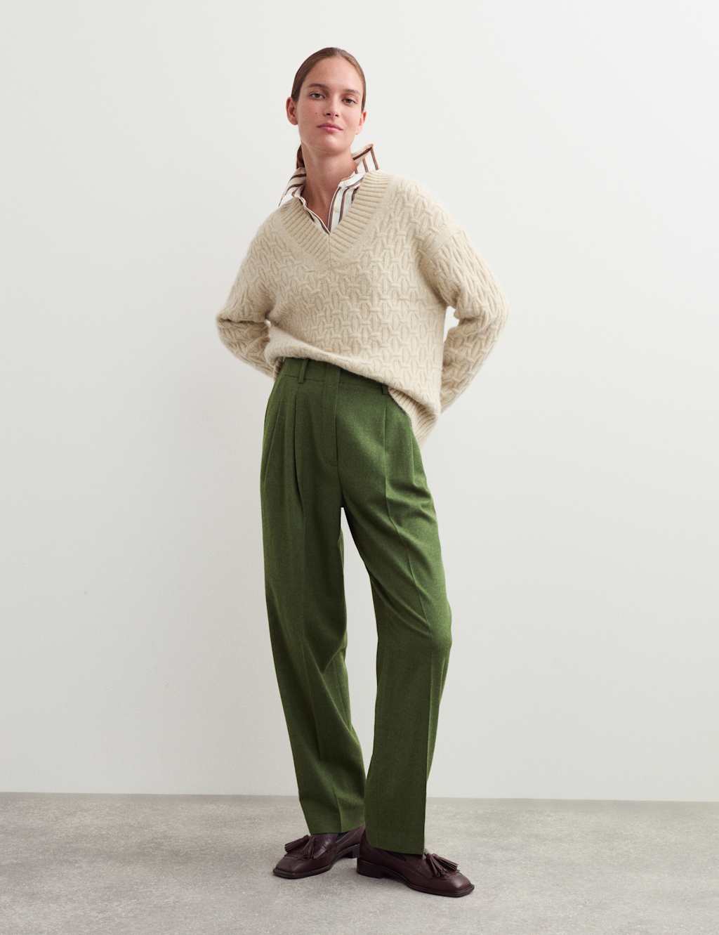 JAEGER Wool Rich Flannel Tapered Trousers Green Marl