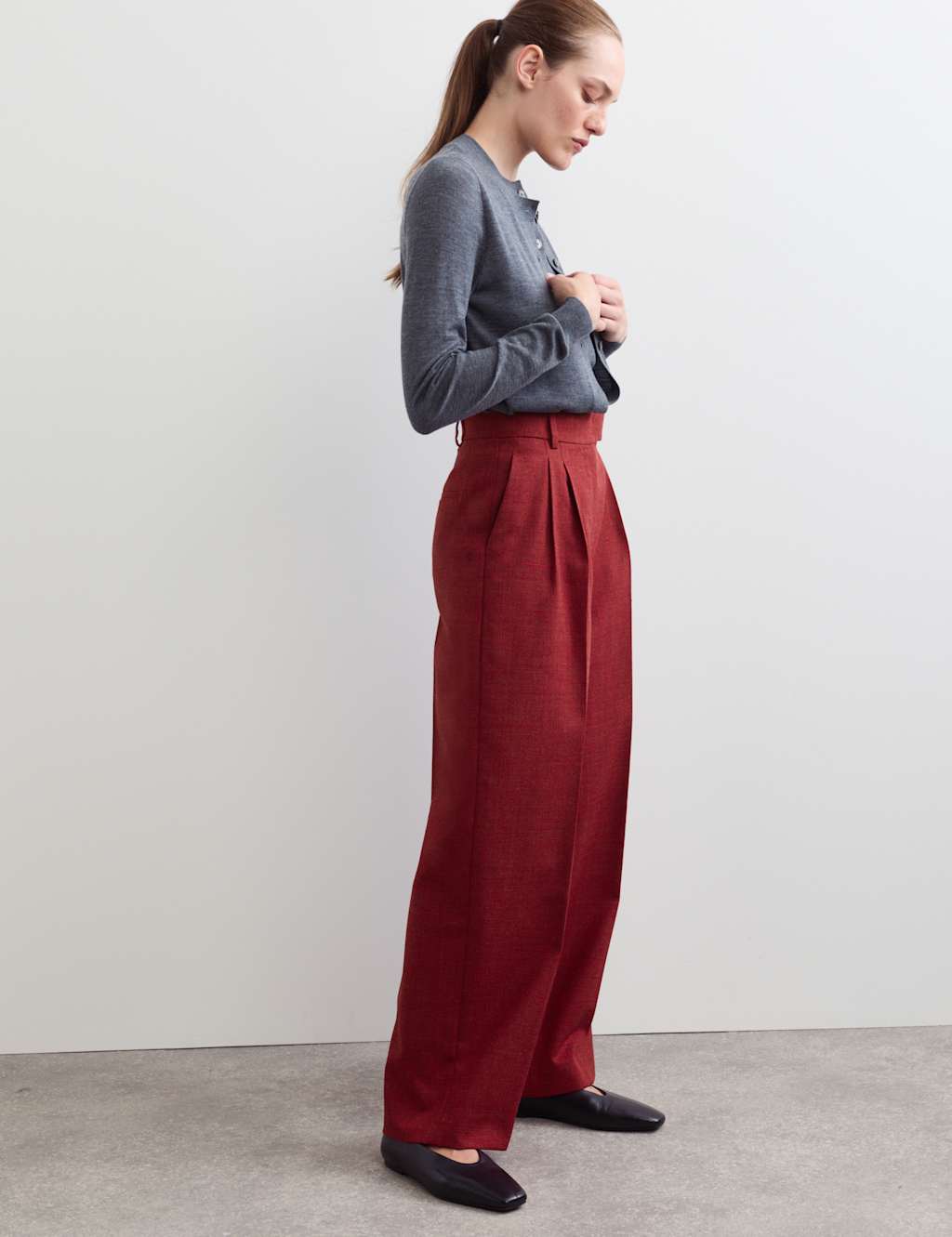Jaeger Women's Italian Wool Rich Wide Leg Trousers - 12 - Red Mix - By M&S