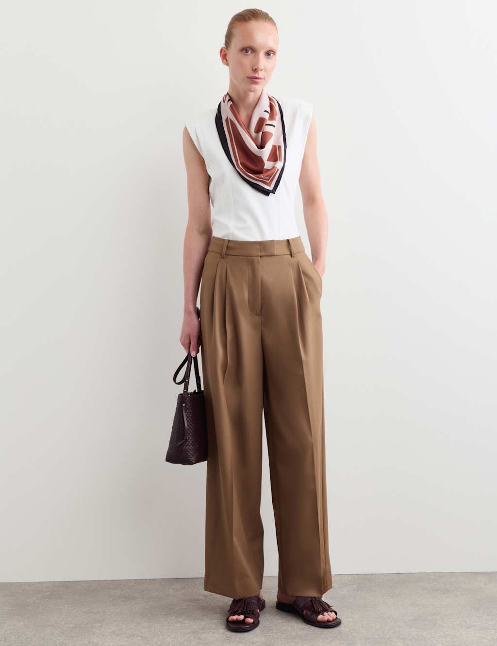 Jaeger Women's Wool Rich Pleat Front Wide Leg Trousers - 12 - Camel - By M&S