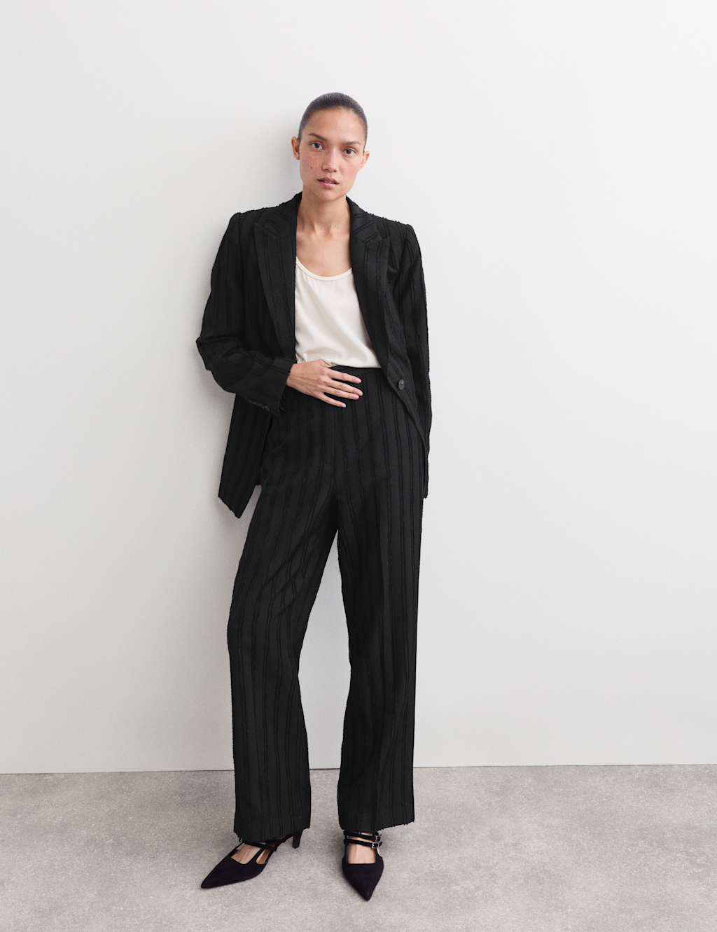 JAEGER Jacquard Striped Straight Leg Trousers Black
