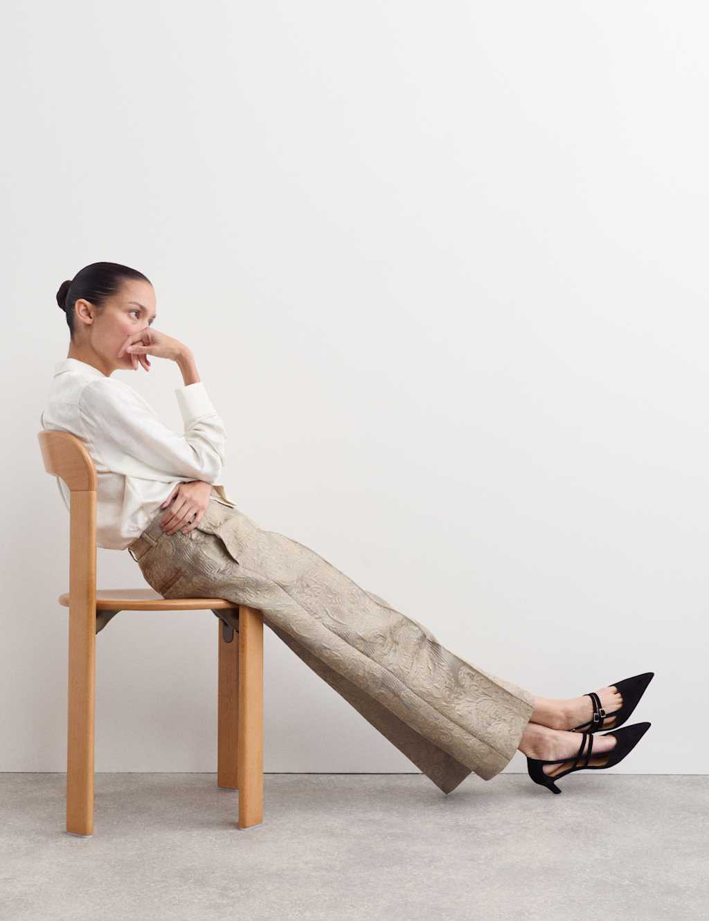 JAEGER Cotton Blend Metallic Jacquard Kickflare Trousers Champagne