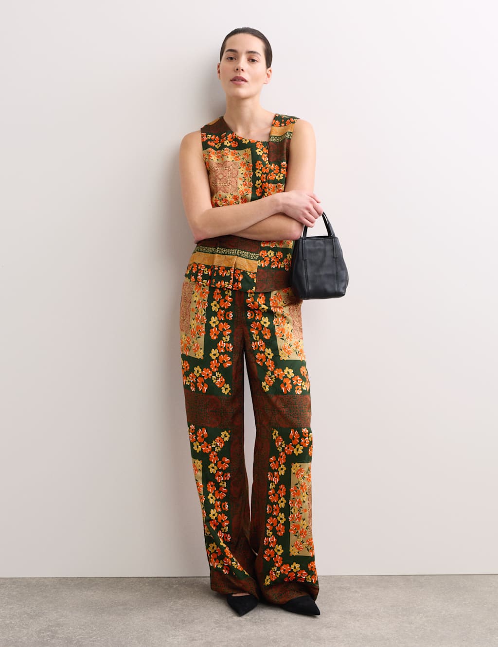 JAEGER Scarf Print Elasticated Waist Wide Leg Trousers Orange Mix