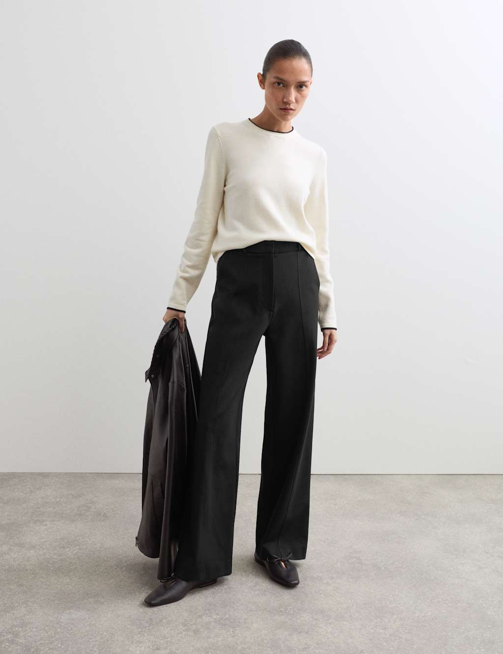 Jaeger Jersey Wide Leg Trousers - 16 - Black - By M&S