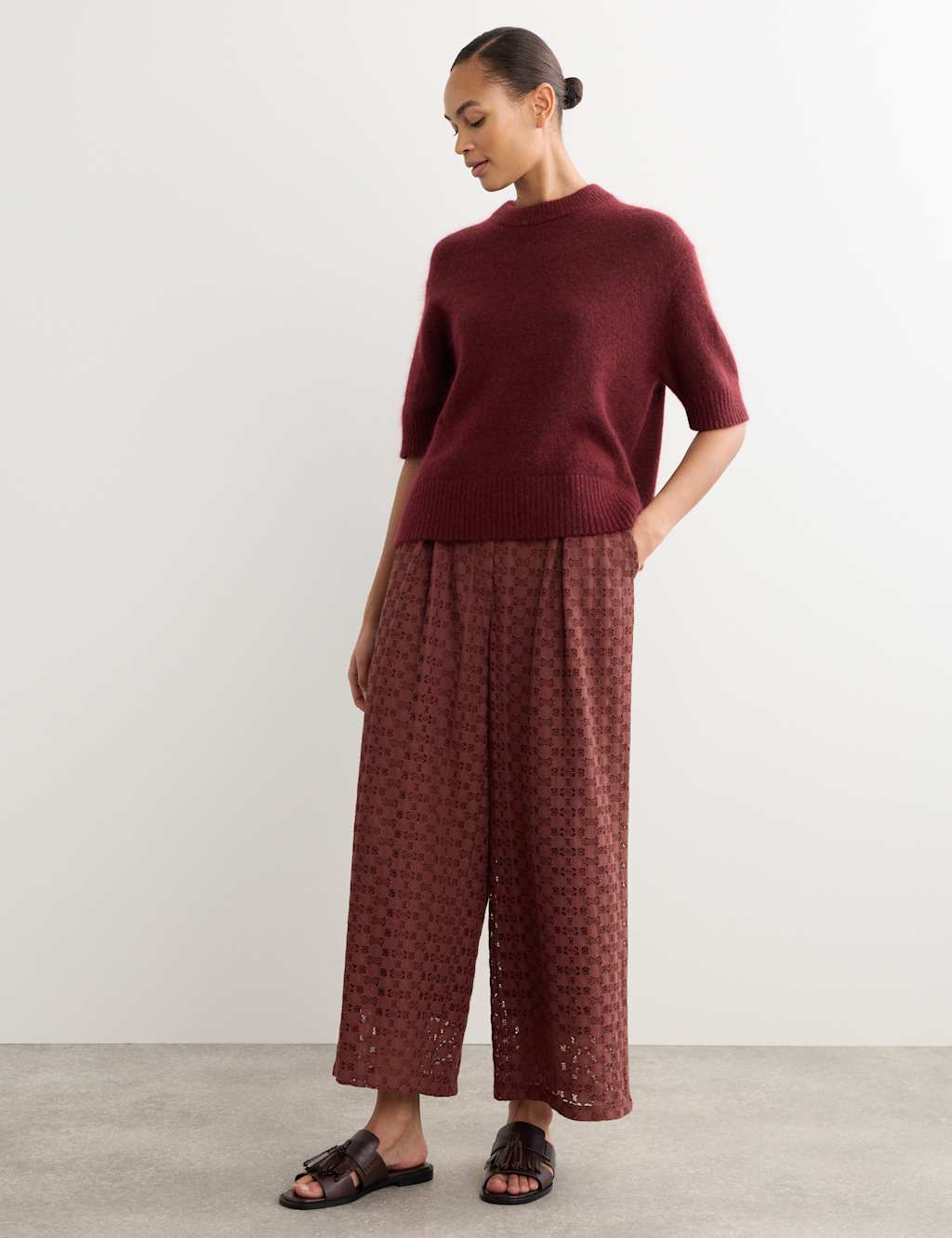 Jaeger Women's Cotton Blend Lace Straight Leg Trousers - 12 - Burgundy - By M&S