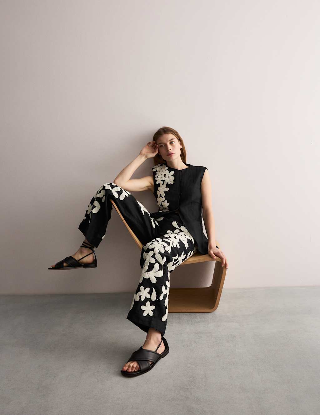 Pure Linen Embroidered Wide Leg Trousers