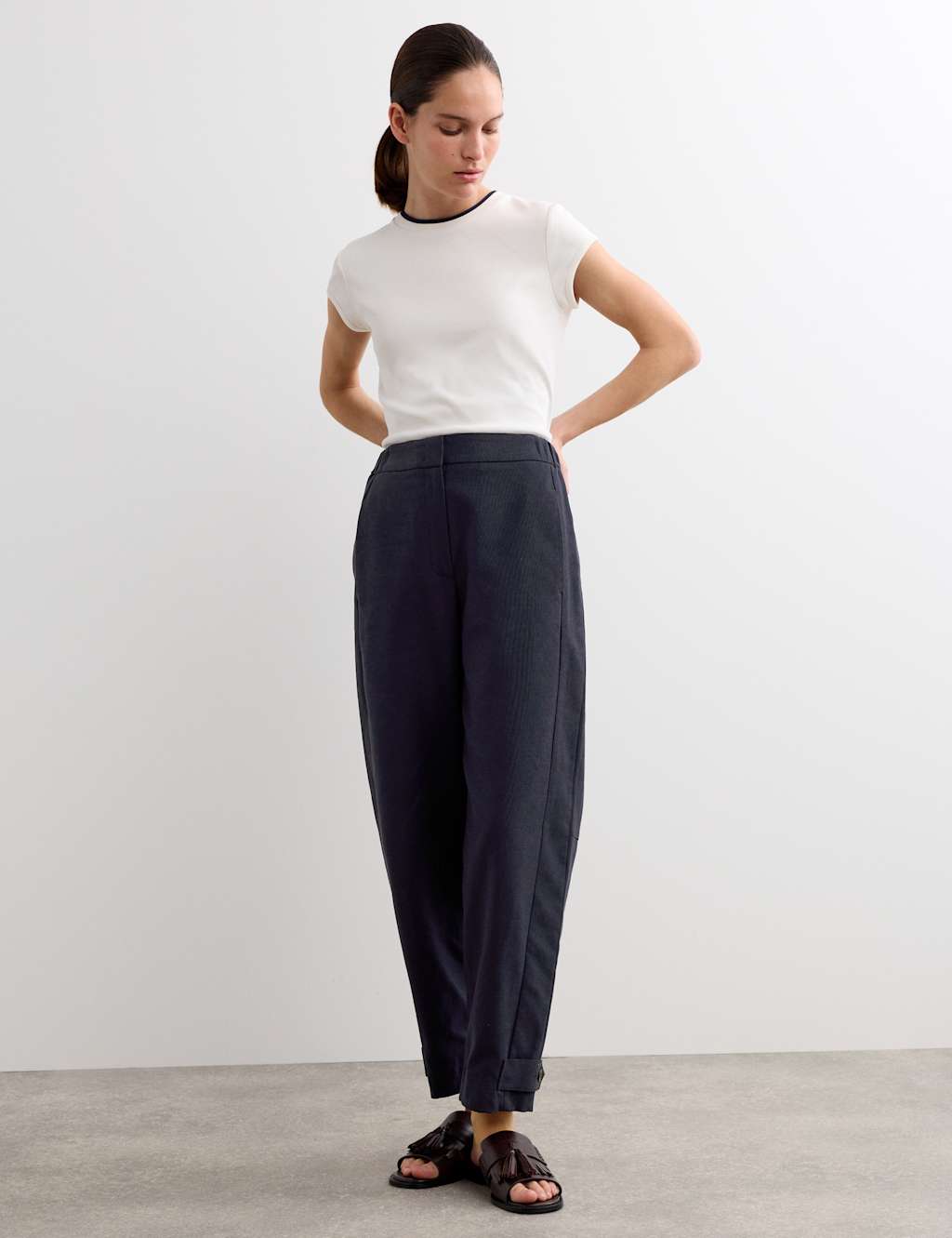 Jaeger Women's Cotton Rich Barrel Leg Trousers - 10 - Navy - By M&S