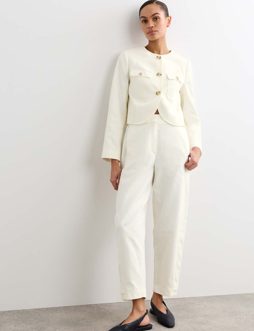 Jaeger Women's Cotton Rich Barrel Leg Trousers - 10 - Ivory - By M&S