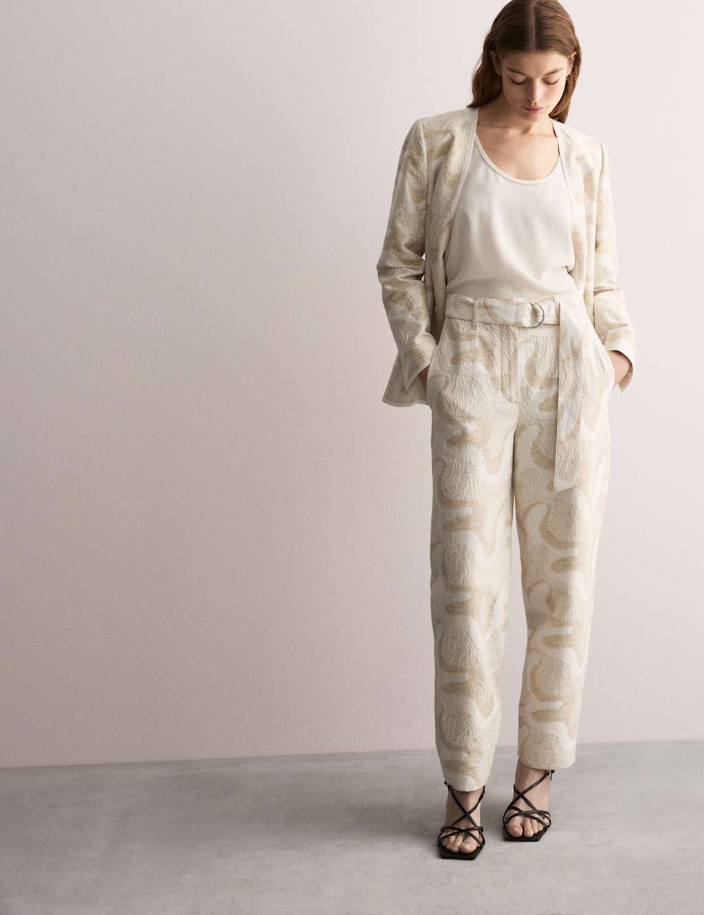 Cotton Rich Jacquard Belted Tapered Trousers