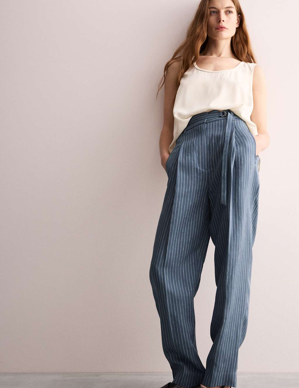 Pure Linen Pinstripe Belted Tapered Trousers