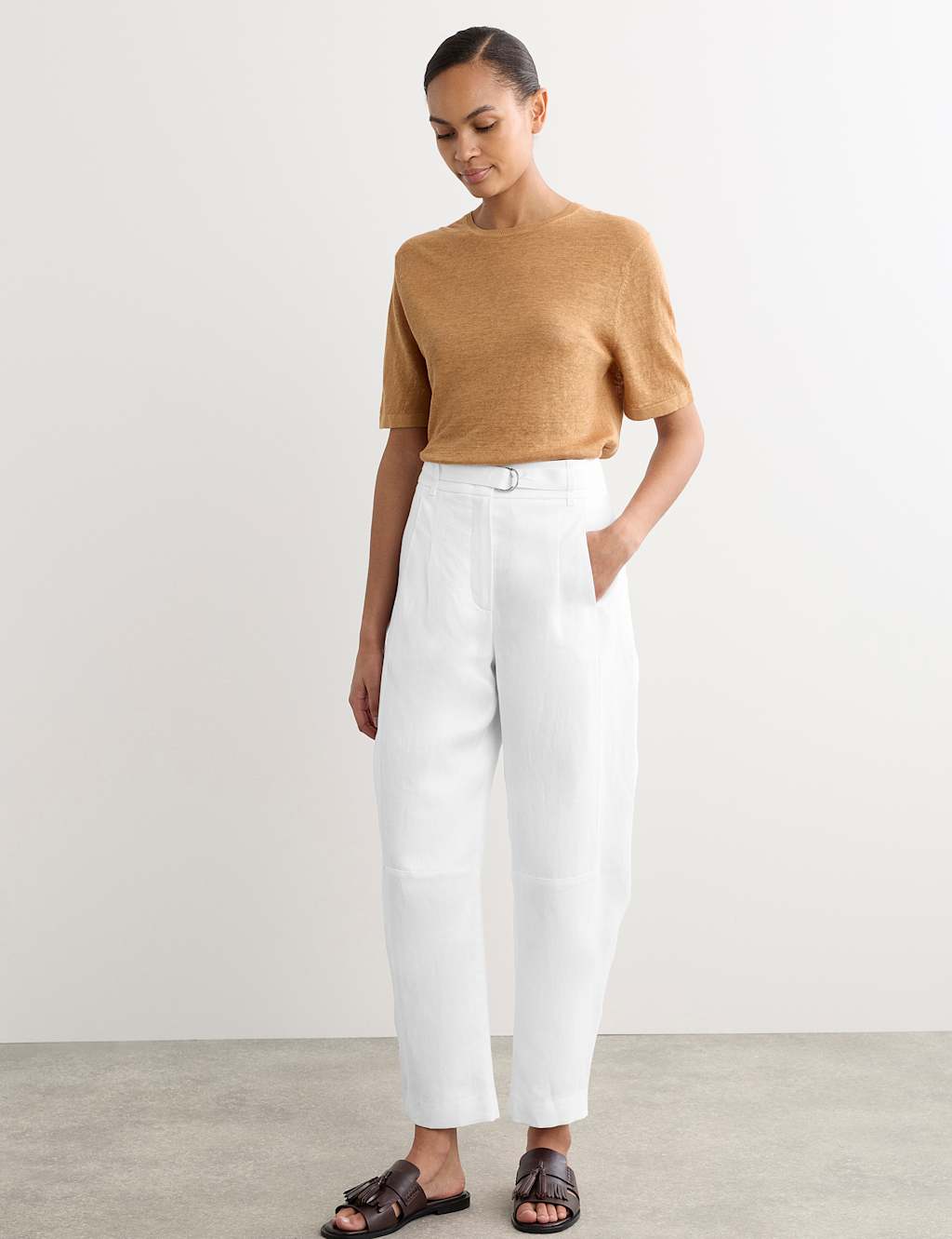 Jaeger Women's Pure Linen Barrel Leg Trousers - 10 - White - By M&S