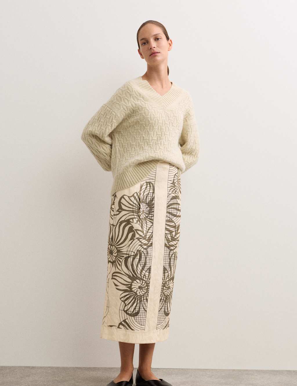 JAEGER Printed Jacquard Midaxi Column Skirt Ivory Mix