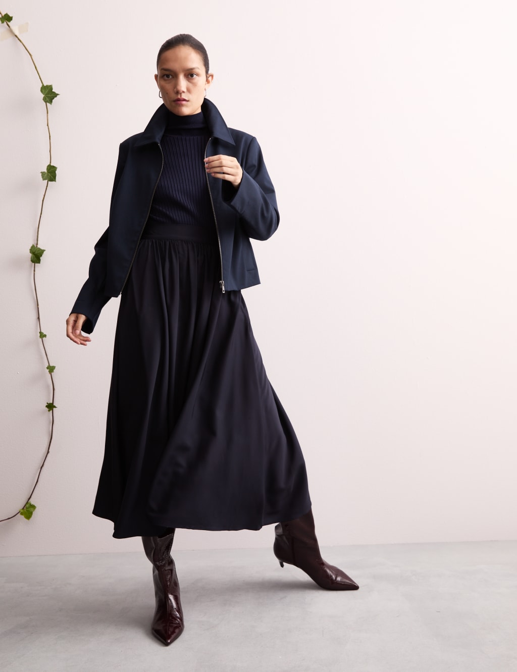 Pleated Twill Midi A-Line Skirt
