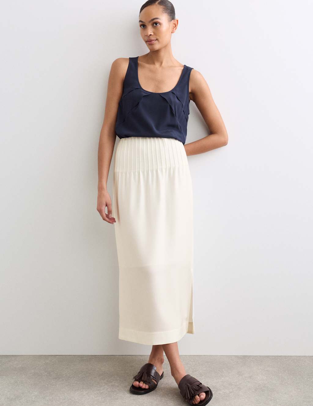 Jaeger Women's Pleated Midi Straight Skirt - 8 - Ivory - By M&S