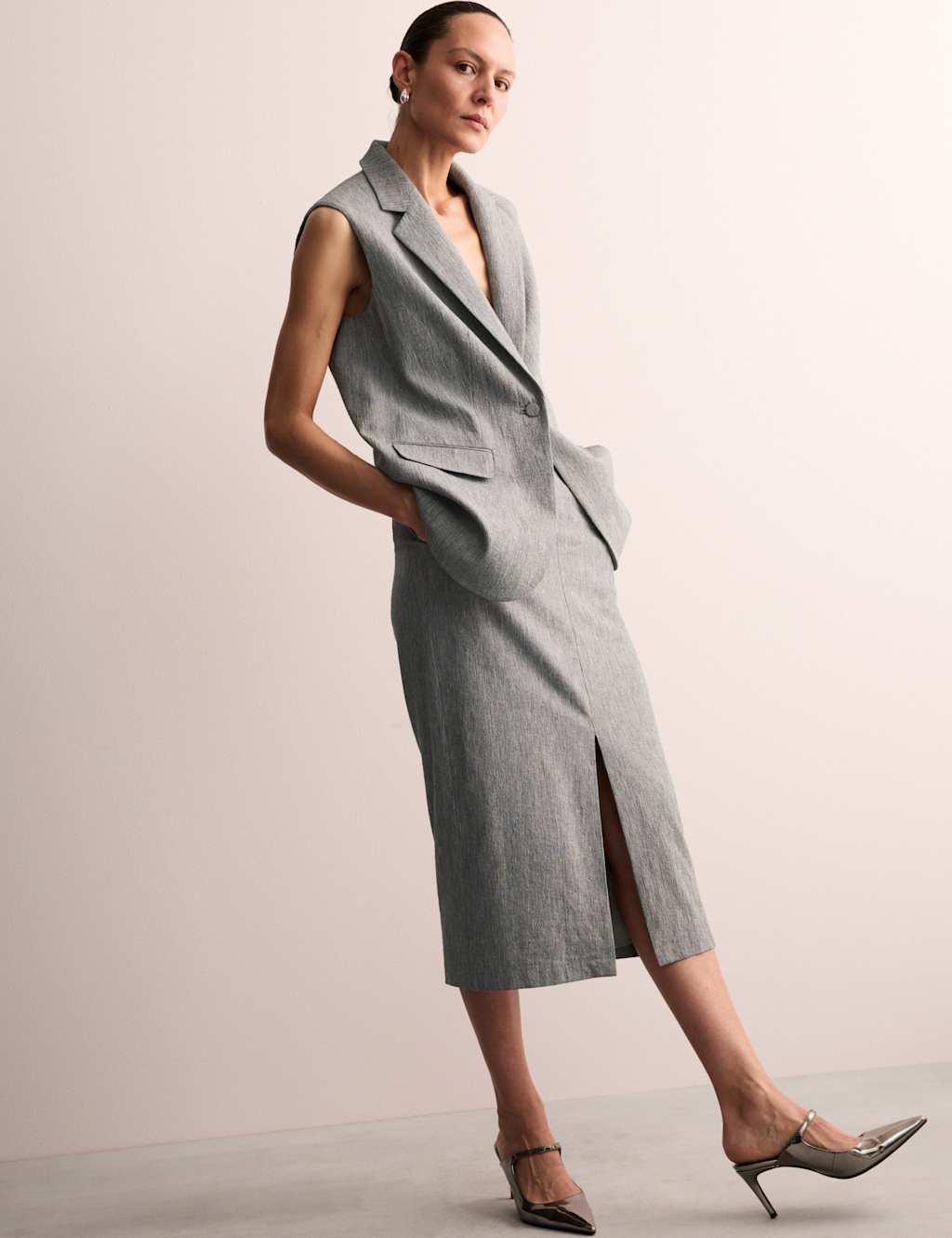 Cotton Rich Midi Tailored Skirt with Linen