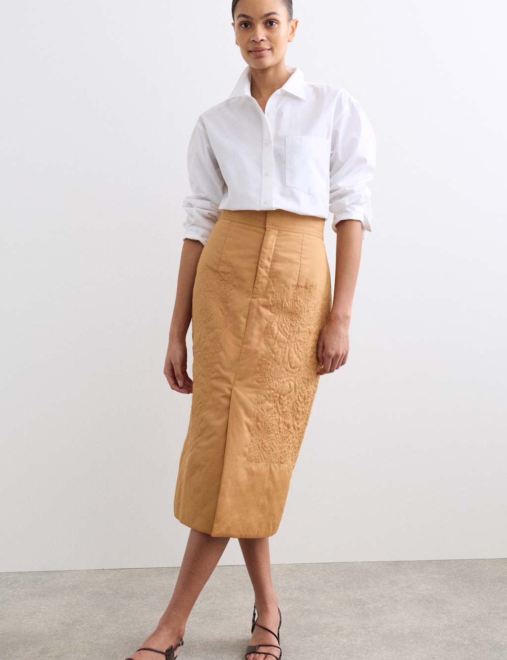 Jaeger Women's Pure Cotton Quilted Midi Column Skirt - 6 - Gold - By M&S