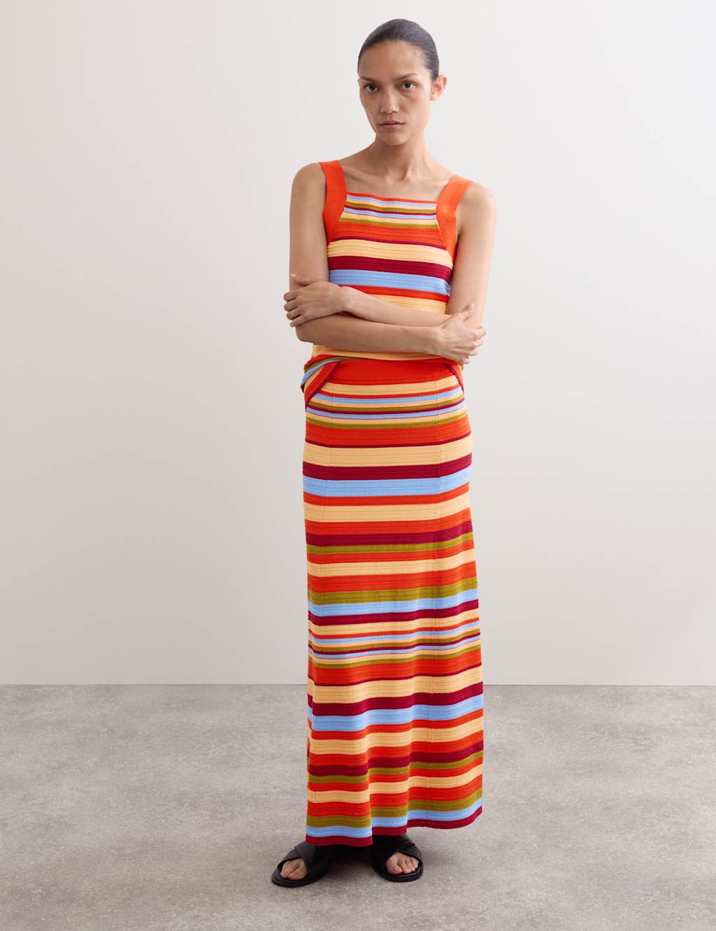 JAEGER Cotton Blend Striped Midi Skater Skirt Multi