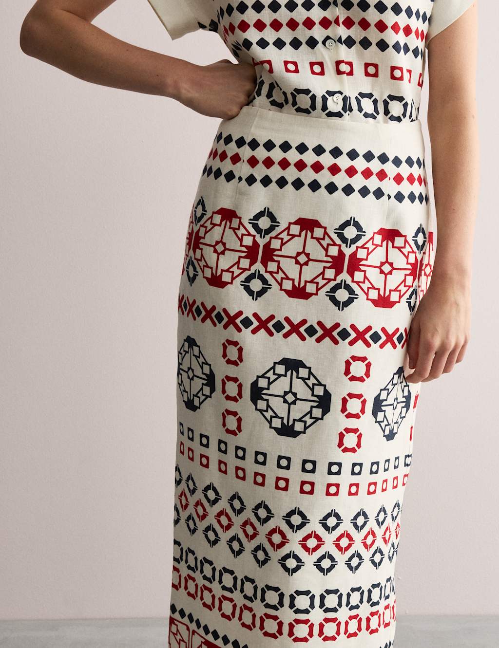 Pure Linen Geometric Midi Column Skirt