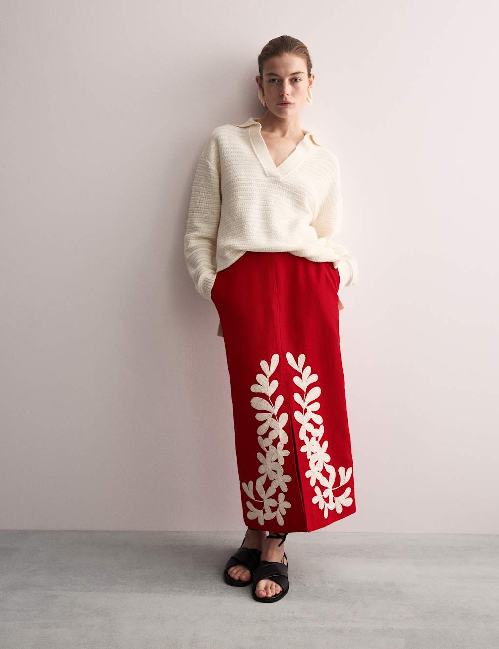 Pure Linen Embroidered Midi Column Skirt