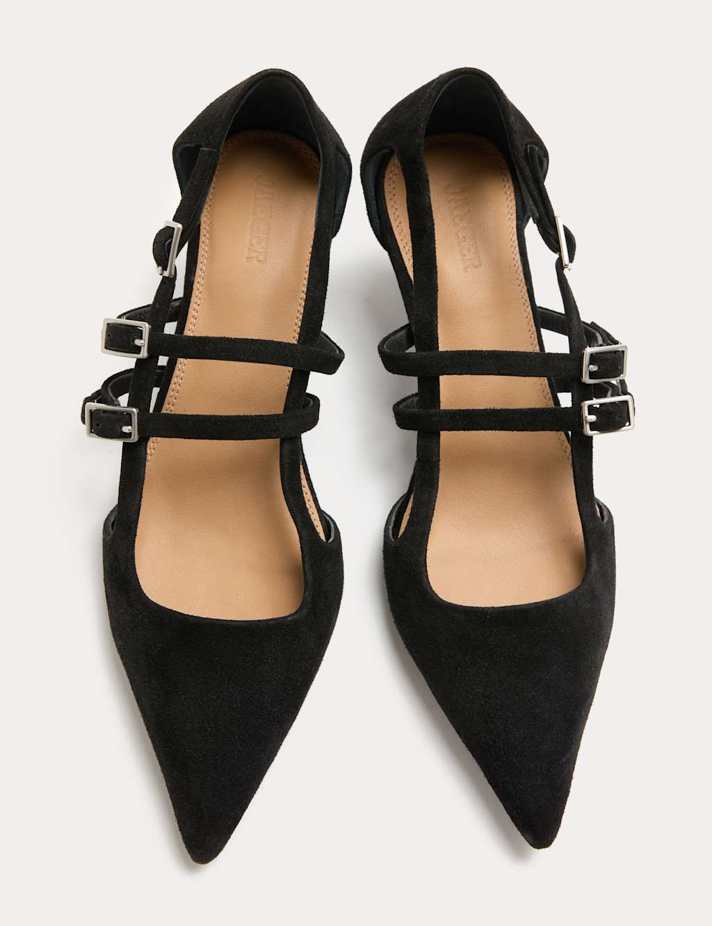 JAEGER Suede Buckle Strappy Kitten Heels Black